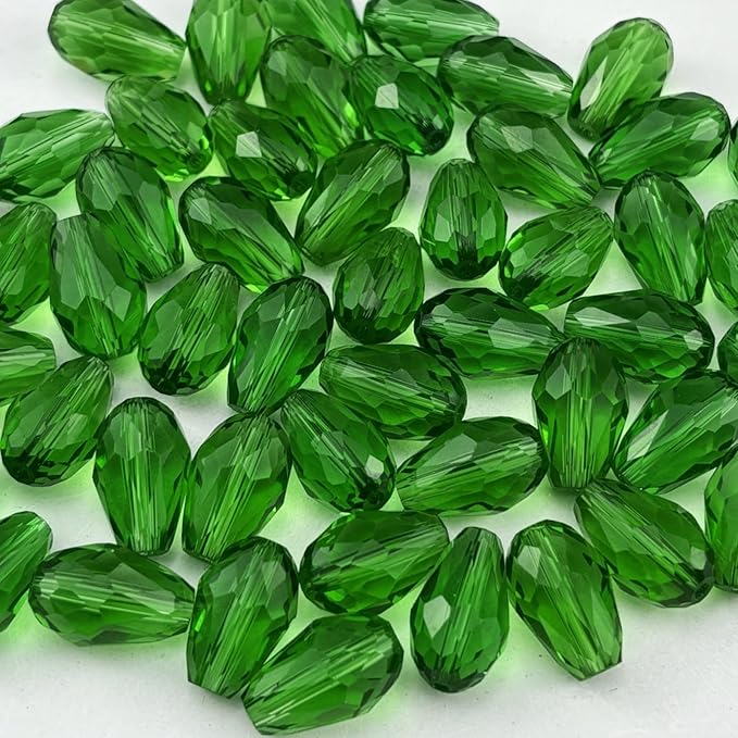 200pcs 3x5mm Teardrop Crystal Glass Beads for Jewelry Making, Faceted Vertical Hole Teardrop Glass Spacer Beads for Wind Chimes Bracelet Earring Necklace DIY Craft(Grass Green)