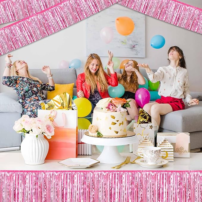 4 Pack 10 Ft Pink Foil Fringe Garland Metallic Streamers Tinsel Banner Wall Hanging Garland Backdrop for Parade Floats, Halloween, Christmas, Thanksgiving, New Year Party Decorations