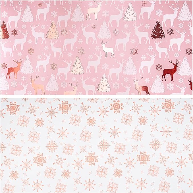 LeZakaa Christmas Pink Wrapping Paper Jumbo Roll, Reindeer & Snowflake, Metallic Foil, Rose Gold Foil Reversible Design for Festive Winter Holiday, Family Gathering, 30 inches x 100 Feet