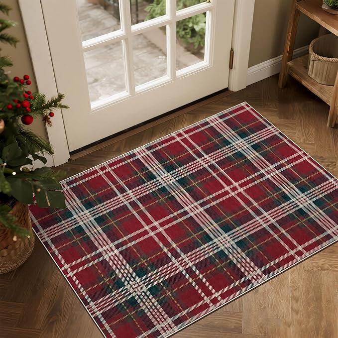 Area Rug Red Tartan Christmas Door Mat, 2x3 Ft Polyester Non-Slip
