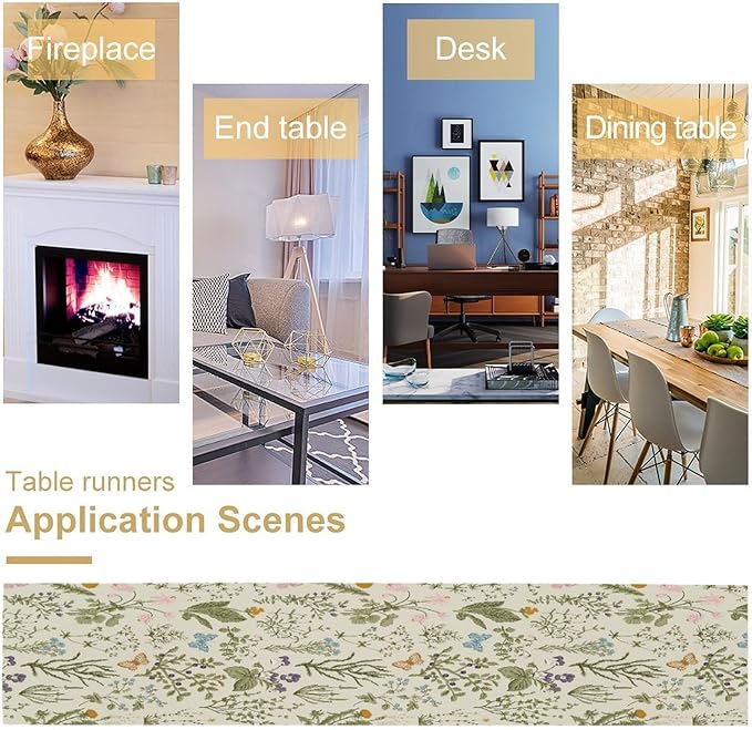 Floral Botanical Table Runner, Garden Spring Flower Botanical Butterfly Animal for Restaurant, Kitchen, Wedding, Party Rectangular Table Runner Decoration,13in（33cm） W * 60in（152cm） L
