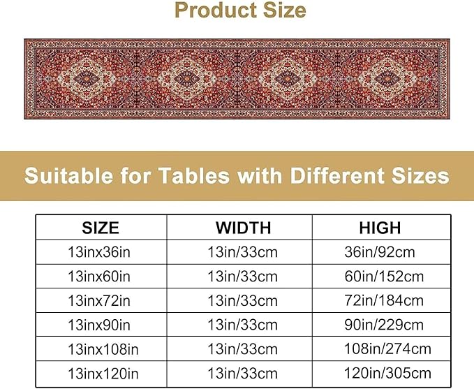 Boho Floral Vintage Table Runner, Paisley Retro Red Flower Rustic Country Farmhouse Abstract Pattern for Home Kitchen Table Decor Dining Coffee Room Party Decor 13x60in