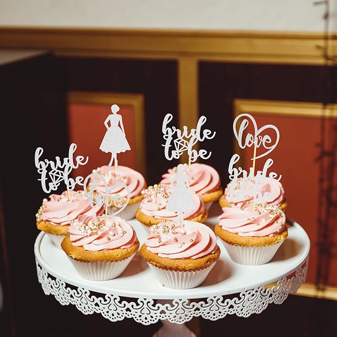 Sotpot 24PCS Bride to Be Cupcake Toppers with Heart Silver Glitter Dress Bridal Shower Cupcake Picks for Wedding Bridal Shower Wedding Engagement Party Cake Decorations