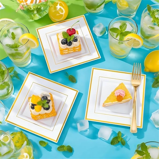 Disposable Plates Set, Square Gold, 350 Pieces for 50 Guests
