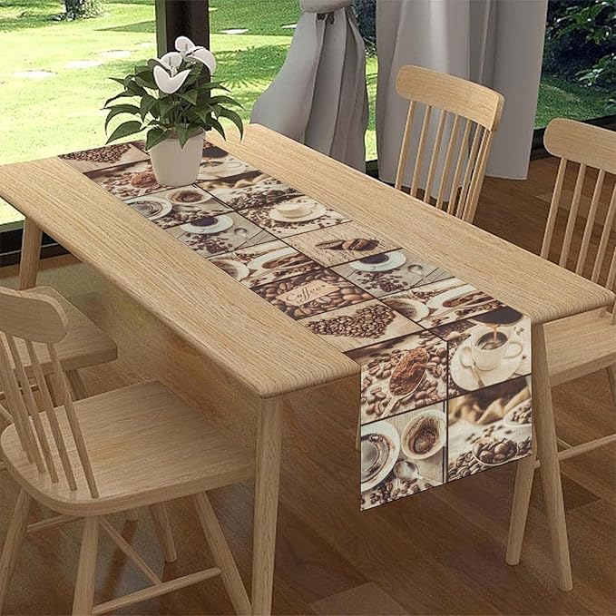 Coffee Theme Table Runner, Rustic Farmhouse Coffee Cup Latte Cappuccino Tea Party Cafe Table Center Decor for Home Kitchen Dining Patio Holiday Party Indoor Outdoor Table Decorations, 13"x90" Inch