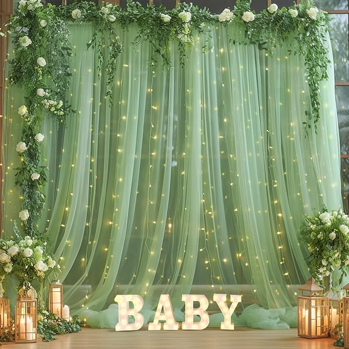 30×10ft Green Tulle Backdrop Curtain with Lights String for Parties, Sheer Photo Backdrop Curtains for Wedding Party Photography Background
