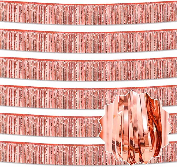 6 Pack 10 Ft Rose Gold Foil Fringe Garland Metallic Streamers Tinsel Banner Wall Hanging Garland Backdrop for Parade Floats, Halloween, Christmas, Thanksgiving, New Year Party Decorations