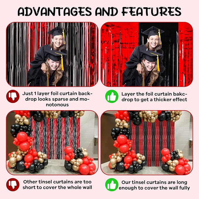 2 Pack 3.3x8.2 Feet Red and Black Foil Fringe Backdrop Curtains, Tinsel Streamers Birthday Party Decorations, Fringe Backdrop for Graduation, Movie Night, Horror Party