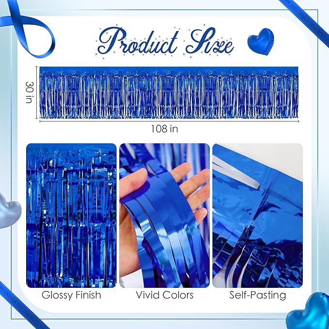 3 Pack Blue Series Table Skirts, 29x108" Metallic Foil Tinsel Fringe Table Skirt for Rectangle Tables Streamer Curtains Backdrop, Party Decorations for Birthdays, Weddings, Holidays