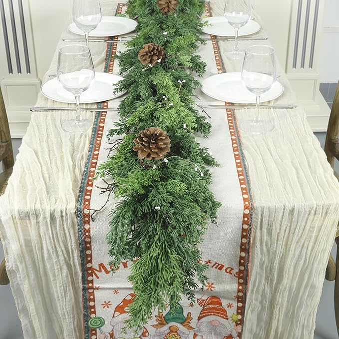 Christmas Garland 6 Ft Dark Green Cypress with Pinecones and White Beads