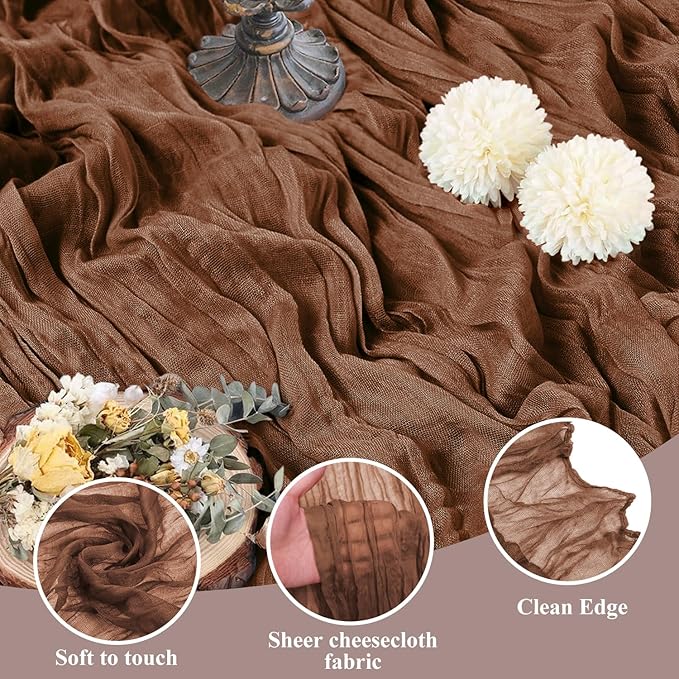 Asee'm 6pcs Cheesecloth Table Runner 120 Inches Long Brown Boho Gauze Cheese Cloth Runner 10FT Rustic Sheer Fall Table Runners for Thanksgiving Christmas Wedding Party Baby Shower Decoration