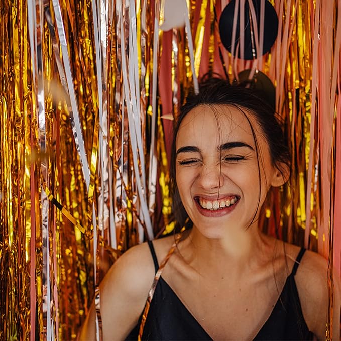 5 Pack Foil Curtain Backdrop Gold Metallic Tinsel Foil Fringe Curtains Photo Booth Props for Birthday Wedding Engagement Baby Shower Bachelorette Christmas Holiday Celebration Party Decorations