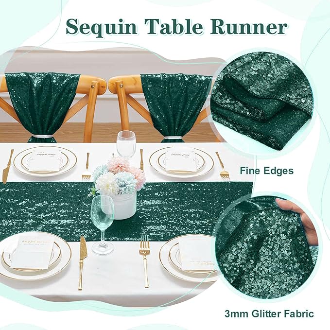 Sequin Table Runners 5 Pieces Emerald Green Table Runners 12x72 Inch Glitter Dining Table Cover for Party Wedding Birthday Reception Banquet Decoration Spring Party Chair Sashes