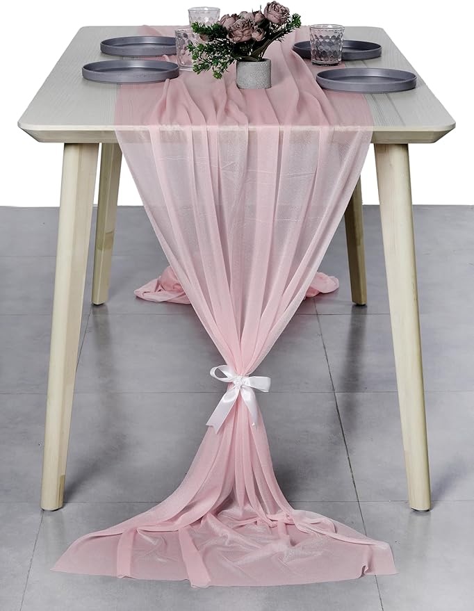 MDS 10 Pack 10ft Chiffon Table Runner 29 x 120 Inches Sheer Wedding Runner Romantic Rustic Table Runner for Wedding Decorations, Birthday Parties, Bridal Shower Party Arch Decor - Blush Pink