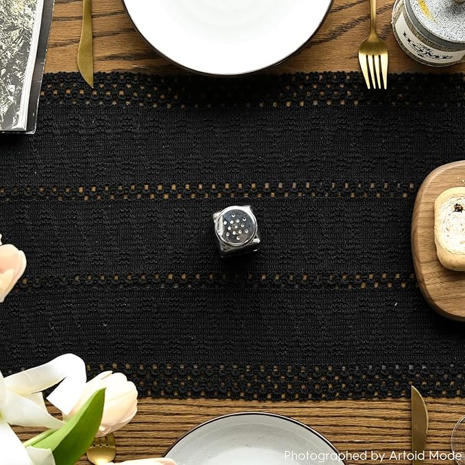Artoid Mode Black Farmhouse Woven Rustic Hollow Table Runner, Seasonal Holiday Hollow Kitchen Dining Table Decoration for Home Party Decor 12x48 Inch