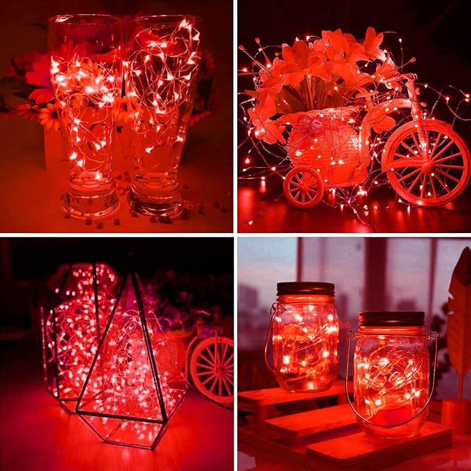 ZGWJ 100 Pack Fairy Lights Battery Operated, 7ft 20 Mini LED Fairy String Lights Silver Wire 3 Modes for DIY, Parties, Wedding, Bedroom, Halloween Christmas Decoration Red