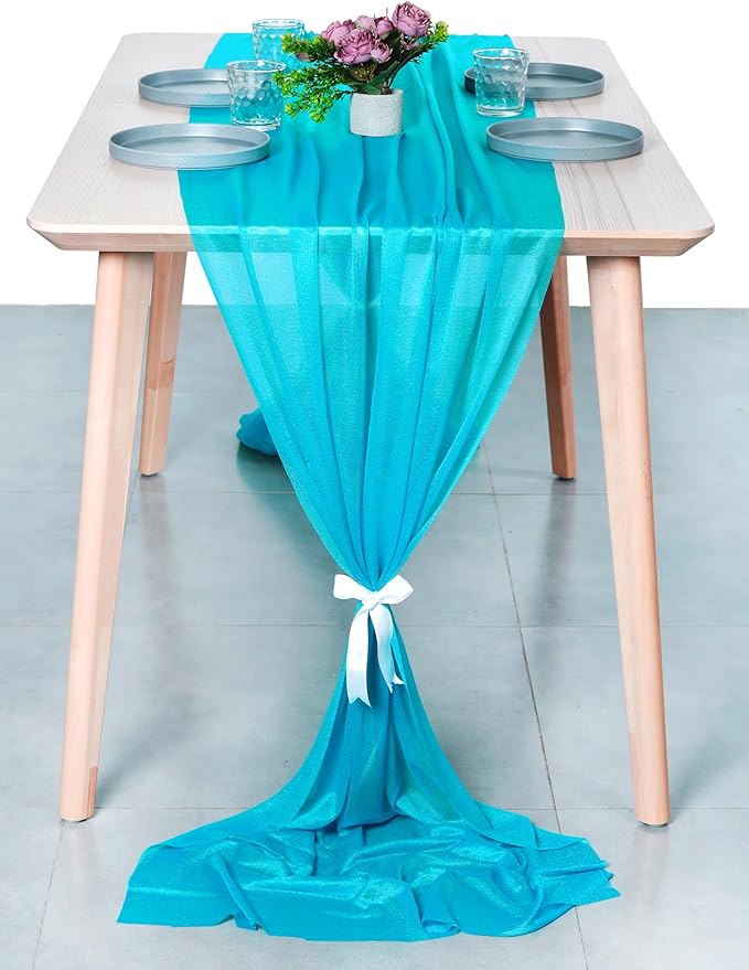 MDS Halloween Chiffon Table Runner - 5 Pack, 29 x 170 Inches, 14ft Each - Sheer Spooky Table Runners for Haunted House Parties, Trick-or-Treat Tables, Witchy Décor, Wedding & Events - Turquoise