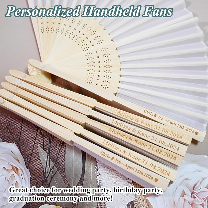 Personalized Engraved 40 Pcs White Silk Fans, Folding Hand Fans, Wedding Party Favors, Bridal Shower Dancing Props, Gifts, Birthday Party Supplies