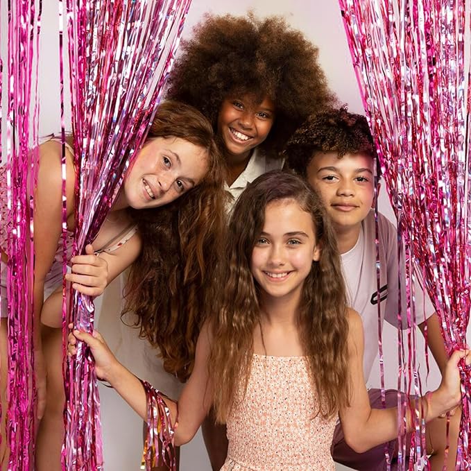 5 Pack Foil Curtain Backdrop Pink Metallic Tinsel Foil Fringe Curtains Photo Booth Props for Birthday Wedding Engagement Baby Shower Bachelorette Christmas Holiday Celebration Party Decorations