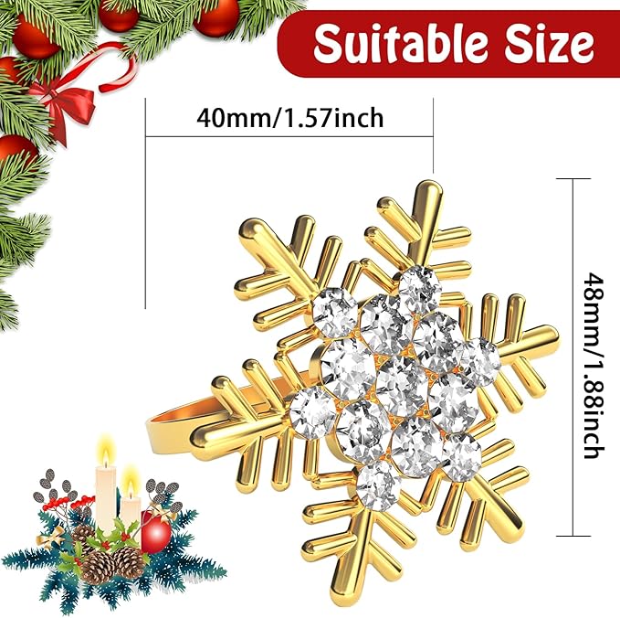 Halatool Christmas Napkin Rings Set of 12, Gold Snowflake with White Rhinestone Napkin Holder for Christmas Thanksgiving Winter Holiday Place Setting, Weddings, Party Table Decoration