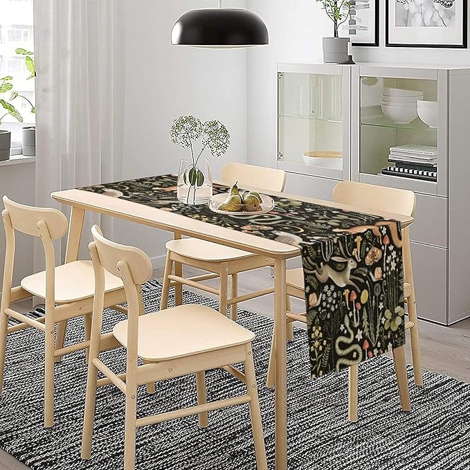 Mushroom Table Runner,Vintage Boho Forest Wild Animal Wildflower Botanical Plants Pattern Print Burlap Hotel Indoors Outdoor Dining Room Kitchen Holiday Party, 13x36in