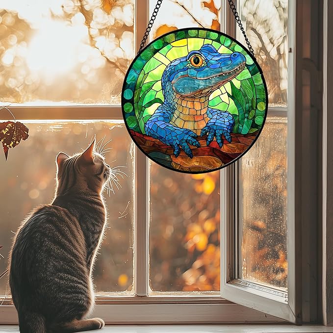 Stained Glass Window Hanging, Blue Alligator Sun Catcher for Window Door Home Decor Green Brown Suncatcher Christmas Mother's Day Birthday Gifts for Women Men Mom and Nana 9.8 in