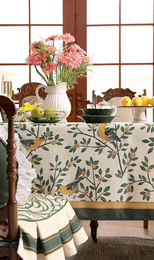 patdrea Designer French Table Cloth for Rectangle Table,Vintage Green Linen Birds and Leaves Pattern Tablecloths,Dacorative Cover Kitchen Dining,Christmas,Thanksgiving,Party,67"x118"-Warbler