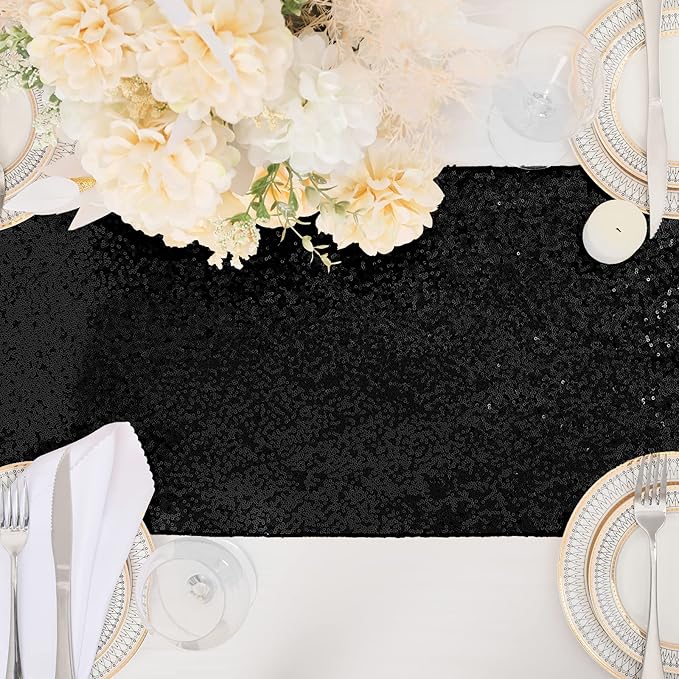 Black Table Runners Sparkly Halloween Table Runner 10 Packs 12x108 Inches Glitter Sequin Fabric for Birthday Party Holiday Supplies Decorations