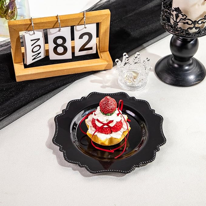 Dessert Plates, 7.5 Inch Black Plastic, 100 Count, Ceramic-Look Disposable