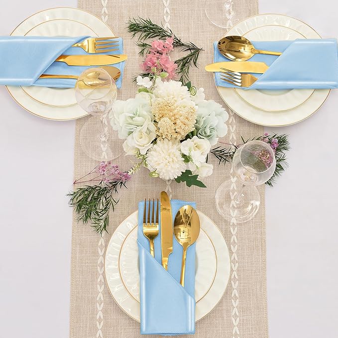 12 Pieces Light Blue Satin Napkins, 17" x 17" Square Table Napkins, Silky Soft Smooth Washable Napkins for Restaurant, Weddings, Dinner, Party Decoration
