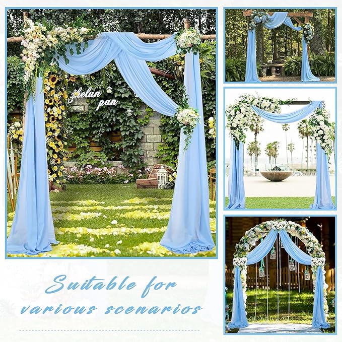 Baby Blue Chiffon Wedding Arch Drapes, 2 Transparent Panels, 20 Ft Long