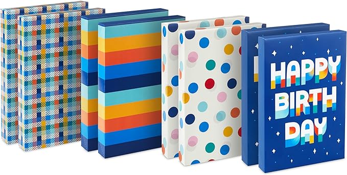 Hallmark Designed Shirt Boxes with Lids (8 Boxes: 2 Each of Orange and Blue Stripes, Plaid, Dots, Happy Birthday) for Birthdays, Father's Day, Graduations