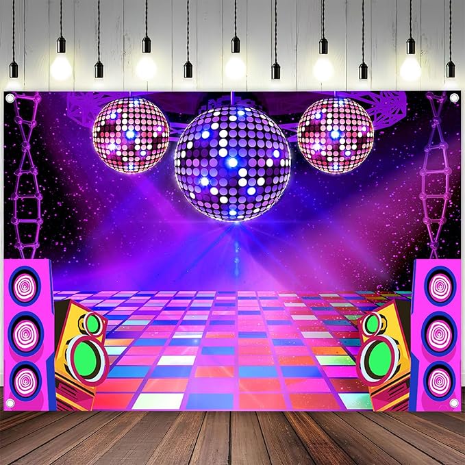 Dance Party Backdrop Retro 80s 90s Theme Stage Dance Ball Music Birthday Party Decoration DJ Photography Background 8 x 6 ft for Baby Shower Picture Photo Shoot Polyester Fabric,Purple