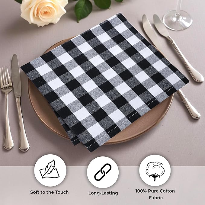 Cloth Napkins Set of 12, 20 x 20 Inch Black and White Checkered Cotton