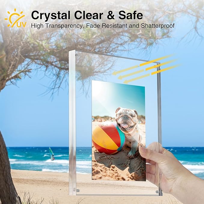 HOUSE DAY Acrylic Picture Frames 8x10, 1 Pack Magnetic 8x10 Picture Frame, Double Sided Clear 8 x 10 Photo Frame with Microfiber Cloth, Frameless FreeStanding 8x10 Frame Gift for Desktop Display