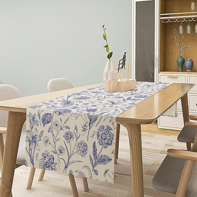 Monochrome Sketch Flowers Table Runner, Seasonal Spring Fall Plants Blue Florals Dinner Runner for Home Kitchen Dining Table Party Holiday Decoration 13"x90"