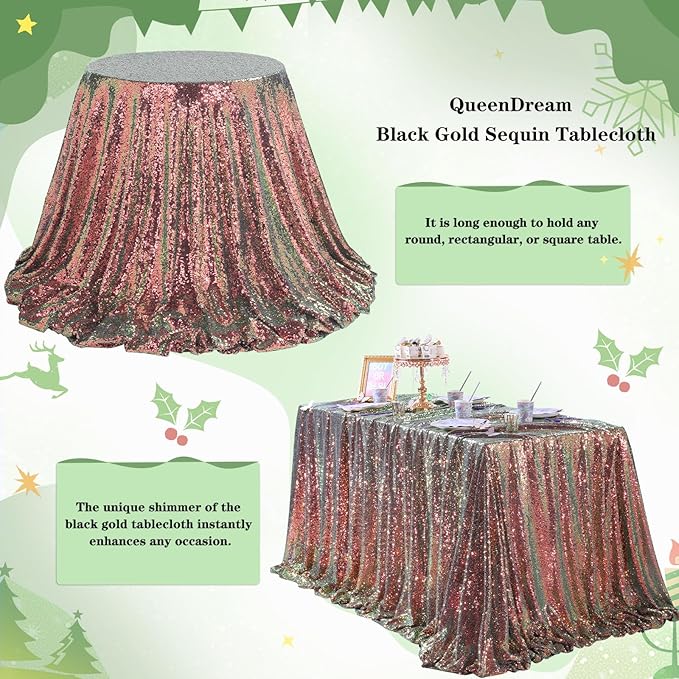 QueenDream Sparkly Sequin Tablecloth - Black GoldTable Cloth 50x80 Inches Rectangle Table Overlay Fabric for Birthday Parties Baby Shower Decoration