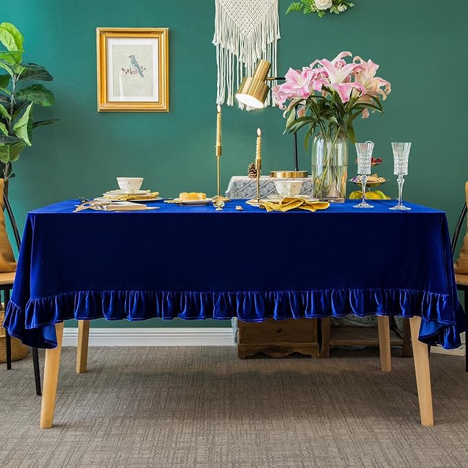 Velvet Tablecloth Luxurious Solid Rectangle Table Cloth,Oblong Retro Farmhouse Ruffle Tablecloths Washable Table Cover for Party Wedding Baby Shower Kitchen Dinning Tabletop Decoration