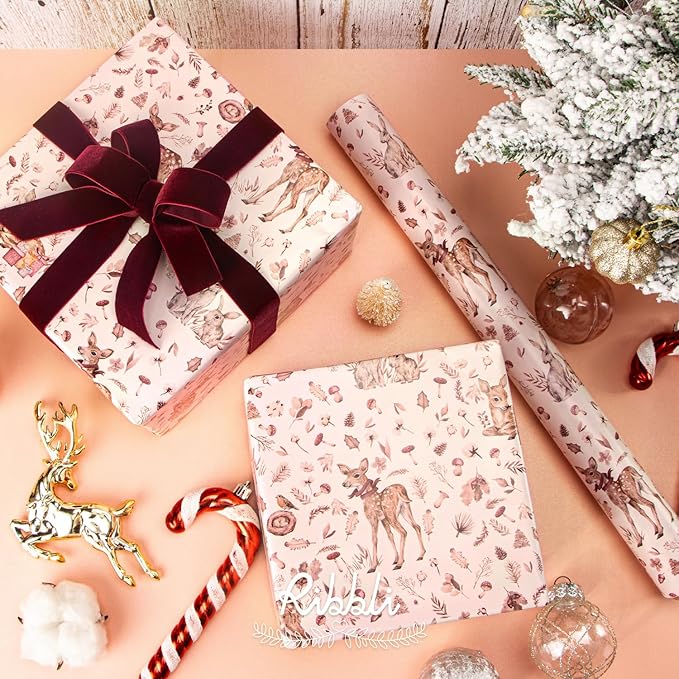Ribbli Pink Christmas Wrapping Paper Rolls,Mini Roll-17 Inch x 33 Feet-Christmas Woods