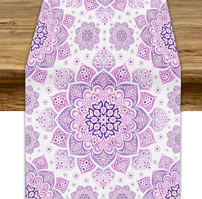 Purple Pink Mandala Table Runner, Traditional Indian Boho Mandala Flowers Print Table Runne for Kitchen Dining Table Office Wedding Party Holiday Home Decor, 13x90inch
