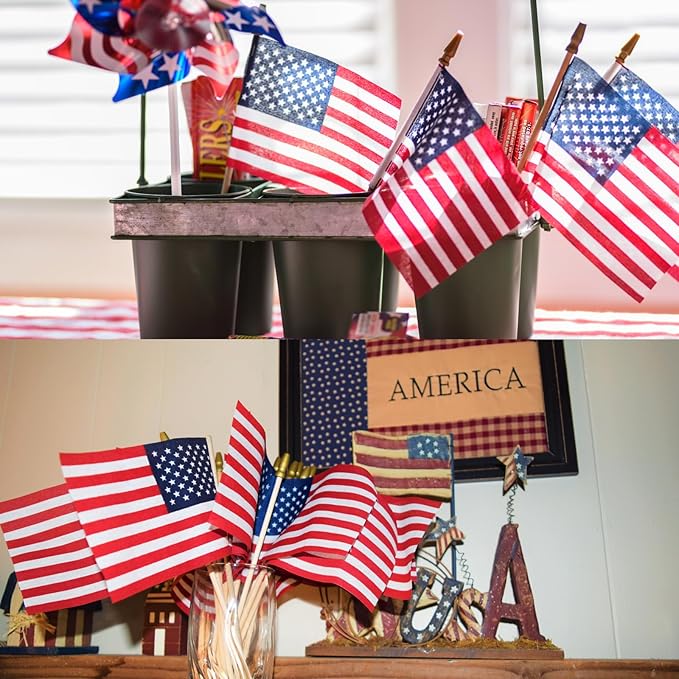 150pcs Small American Flags on Stick, Handheld 4 x 6 Inchs Mini American Flags with Kid-Safe Golden Spear Top, US Flags for 4th of July Decorations Outdoor, Independence Day Decorations