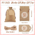 Gift Bags, 100 Dark Brown Burlap Drawstring Bags with Kraft Tags
