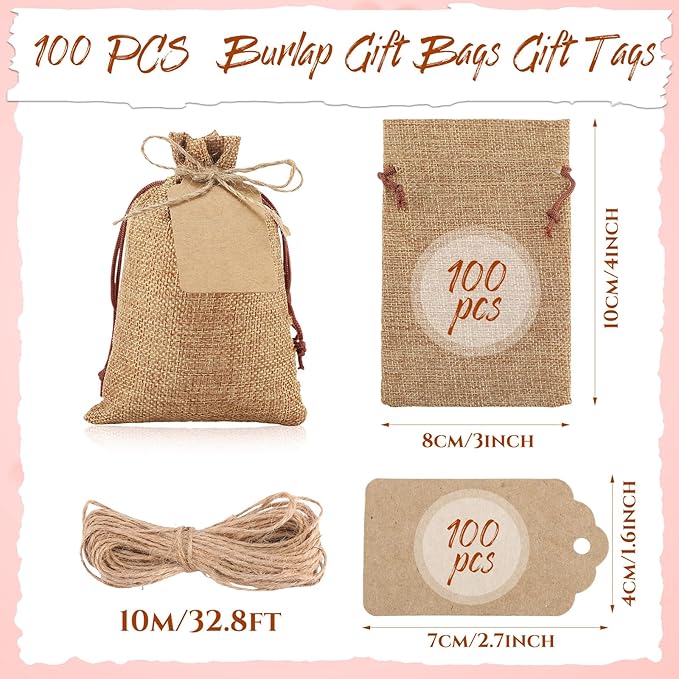 Gift Bags, 100 Dark Brown Burlap Drawstring Bags with Kraft Tags