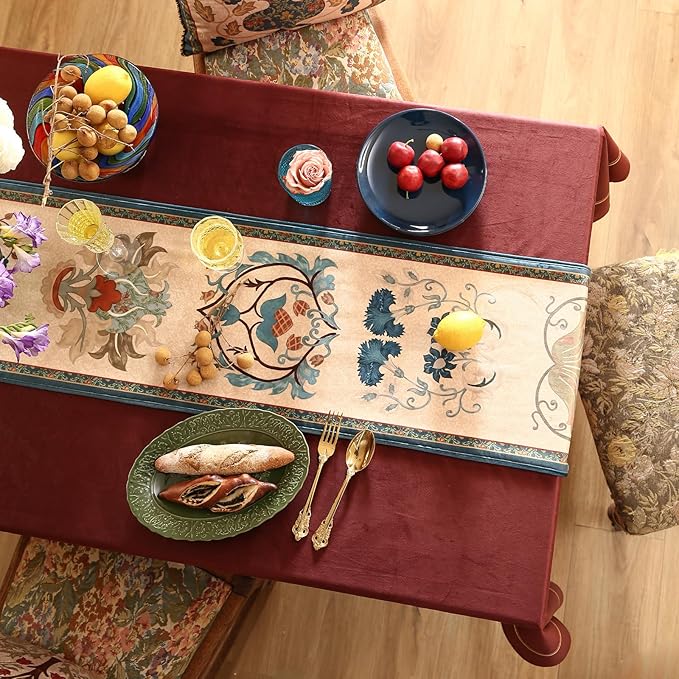 patdrea Designer Casual Wild Floral Velvet Table Runner 87 Inch Long, Brown Occult Bouquets Pattern Table Mat, Decoration for Kitchen Dining Coffee Table Cabinet Banquet Thanksgiving,12"*87"