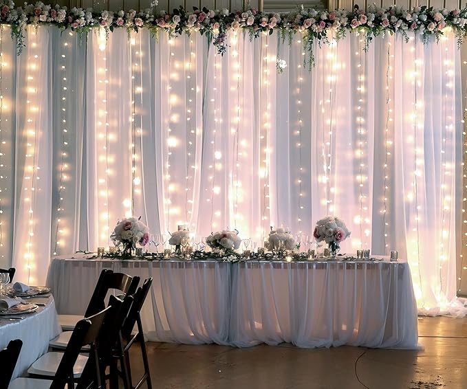 White Tulle Backdrop Curtain with Lights String for Parties Wedding Bridal Shower Sheer White Curtain Backdrop for Birthday Baby Shower Photo Booth Photography Background Decorations 20ft x 10ft