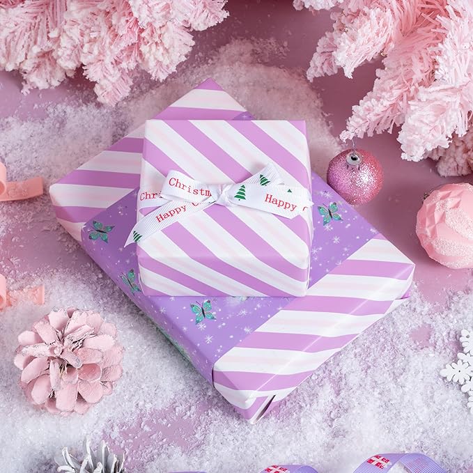 LeZakaa Christmas Purple Wrapping Paper Mini Roll, Christmas Tree Butterfly, Pink Purple Stripe Reversible Design for Winter Holiday Family Gathering, 17 inches x 32.8 Feet