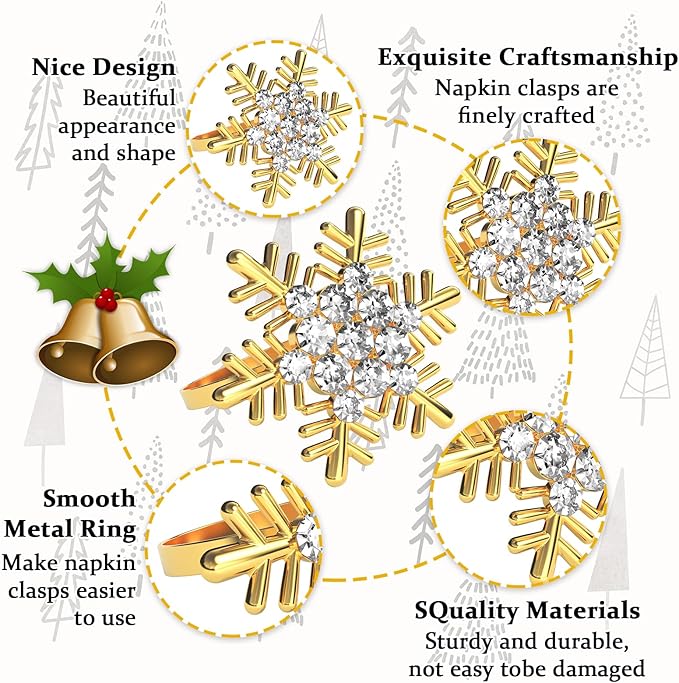 Halatool Christmas Napkin Rings Set of 12, Gold Snowflake with White Rhinestone Napkin Holder for Christmas Thanksgiving Winter Holiday Place Setting, Weddings, Party Table Decoration