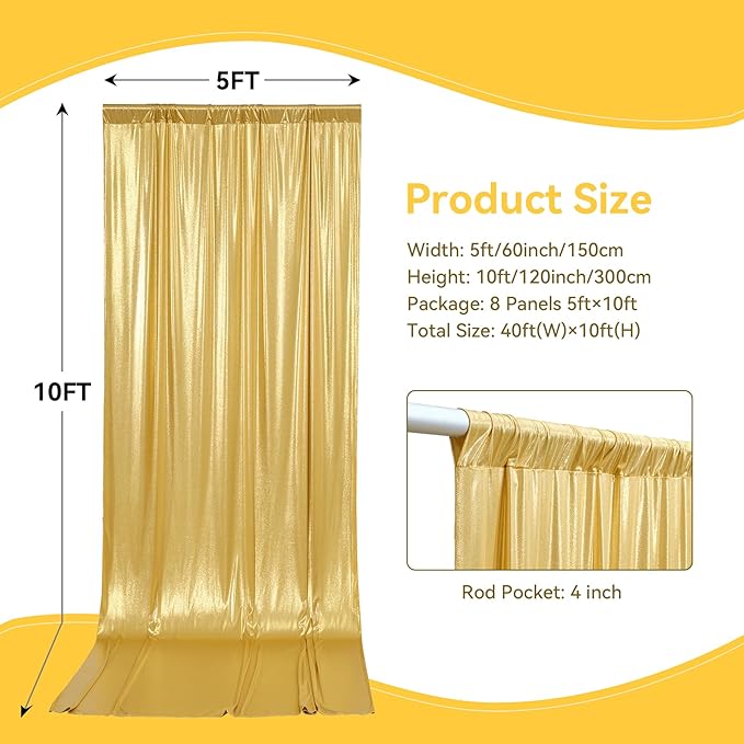 40x10 ft Wrinkle Free Gold Sequin Backdrop Curtain for Parties,Thick Not Fall Glitter Wedding Backdrop Drapes,8 Panels 5x10ft Shimmer Photo Wall Back Drop Cloth for Graduation Photography Background