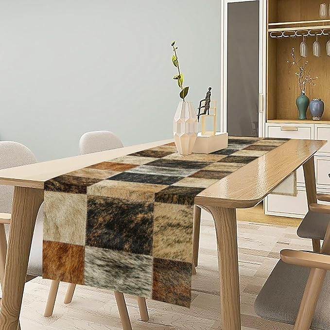 Rustic Cow Skin Patchwork Print Table Runner, Farmhouse Country Western Style Fur Table Cover for Dinning Home Party Holidays Home Setting, 13x36 Inch