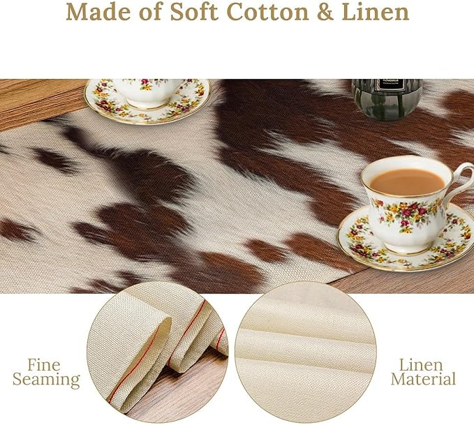 Farmhouse Cow Skin Print Table Runner, Safari Wildlife Brown Country Farm Cowhide Pattern Cotton Linen Rustic Cottage Table Runner for Dinning Home Party Holidays Home Setting, 13x120 Inch